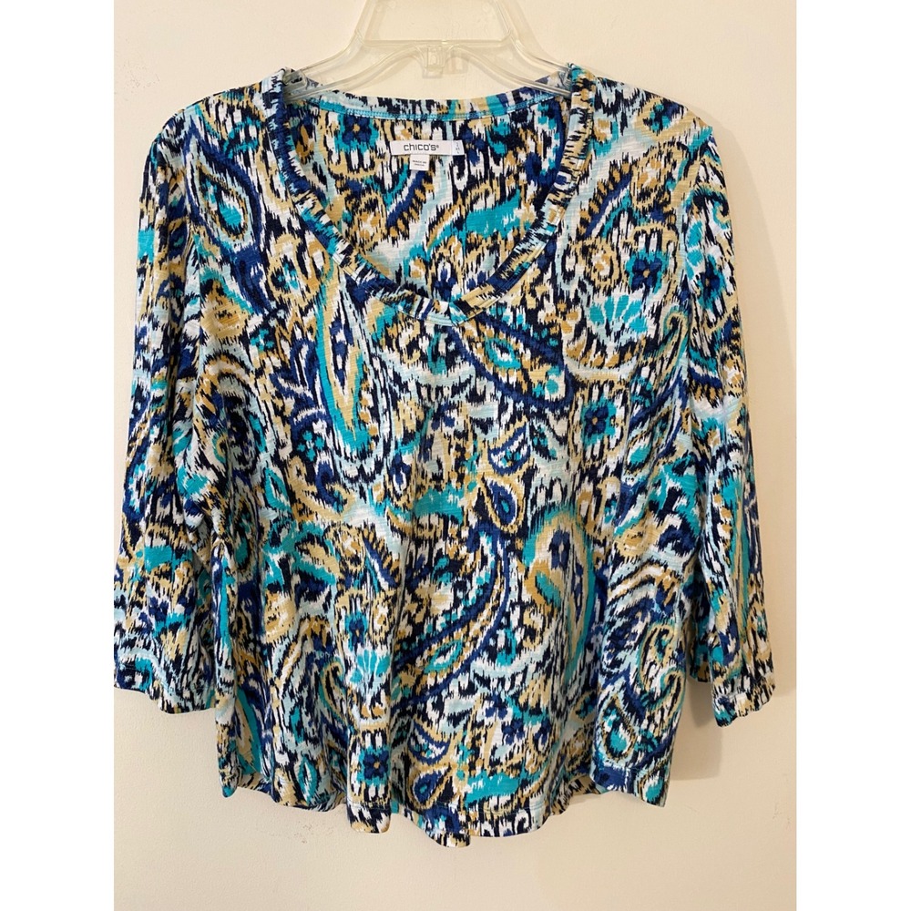 Chico's Ikat Paisley Top Size L Blue Teal Boho Coastal Lightweight Tee - Picture 2 of 10